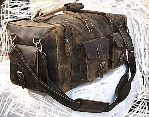 TUZECH Handmade Large Leather Luggage Duffel Weekender Travel Overnight Carry One Duffel Bag For Men (24 Inches)