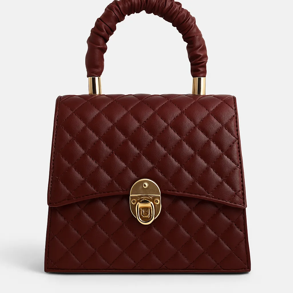 Velvet Maroon Quilted Handbag with Ruched Handle