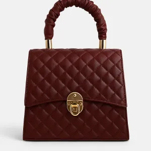 Velvet Maroon Quilted Handbag with Ruched Handle