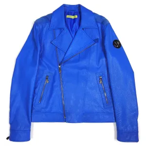 Versace Jeans Blue Leather Biker Jacket Size 48