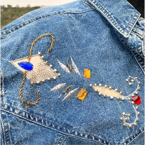 Vintage Acid Denim Wash Embellished Western Skirt and Shirt