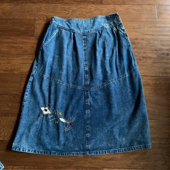 Vintage Acid Denim Wash Embellished Western Skirt and Shirt