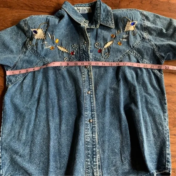 Vintage Acid Denim Wash Embellished Western Skirt and Shirt