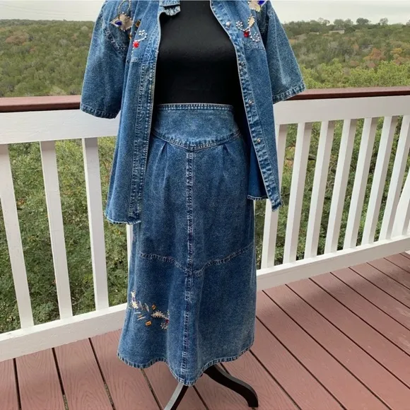 Vintage Acid Denim Wash Embellished Western Skirt and Shirt