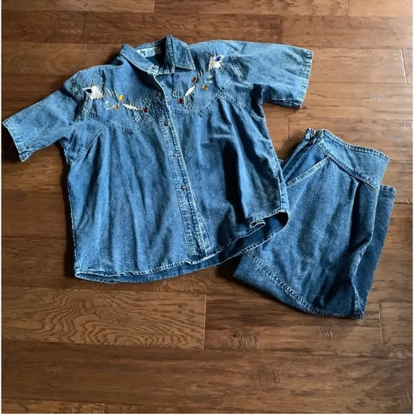 Vintage Acid Denim Wash Embellished Western Skirt and Shirt