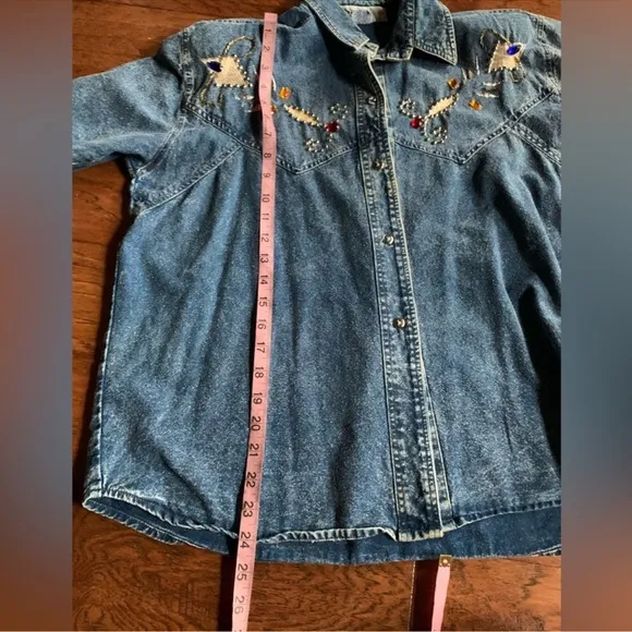 Vintage Acid Denim Wash Embellished Western Skirt and Shirt