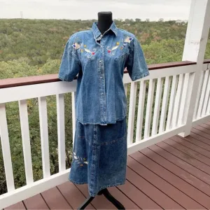 Vintage Acid Denim Wash Embellished Western Skirt and Shirt