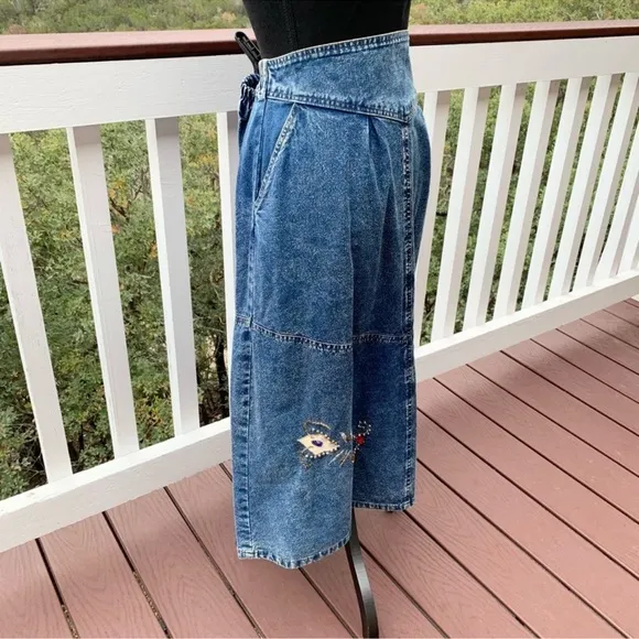 Vintage Acid Denim Wash Embellished Western Skirt and Shirt