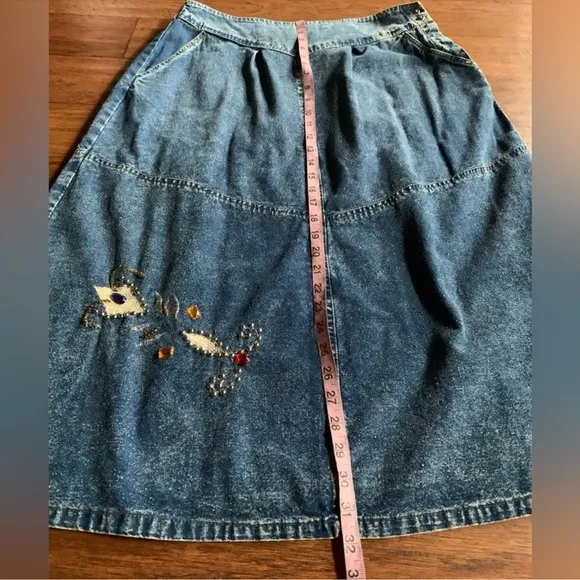 Vintage Acid Denim Wash Embellished Western Skirt and Shirt