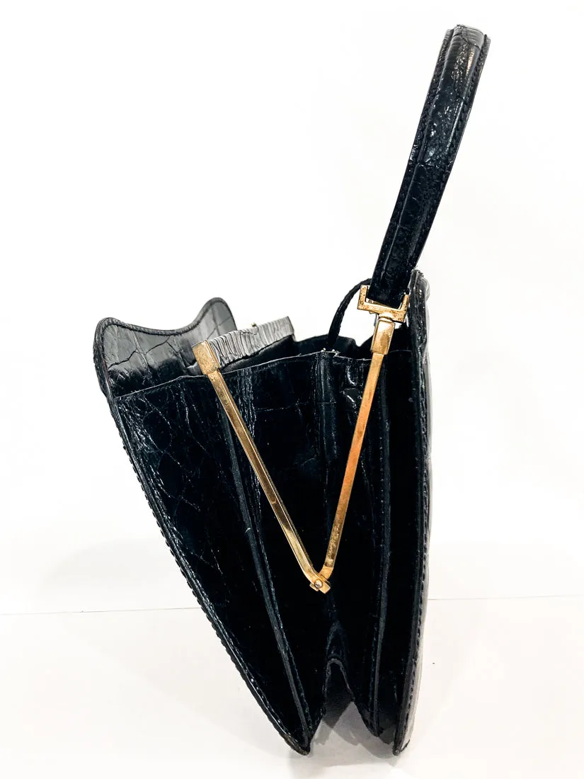 Vintage Black French Crocodile Patent Leather Classic Handbag Purse