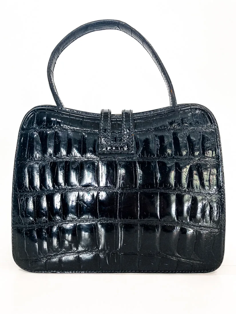 Vintage Black French Crocodile Patent Leather Classic Handbag Purse