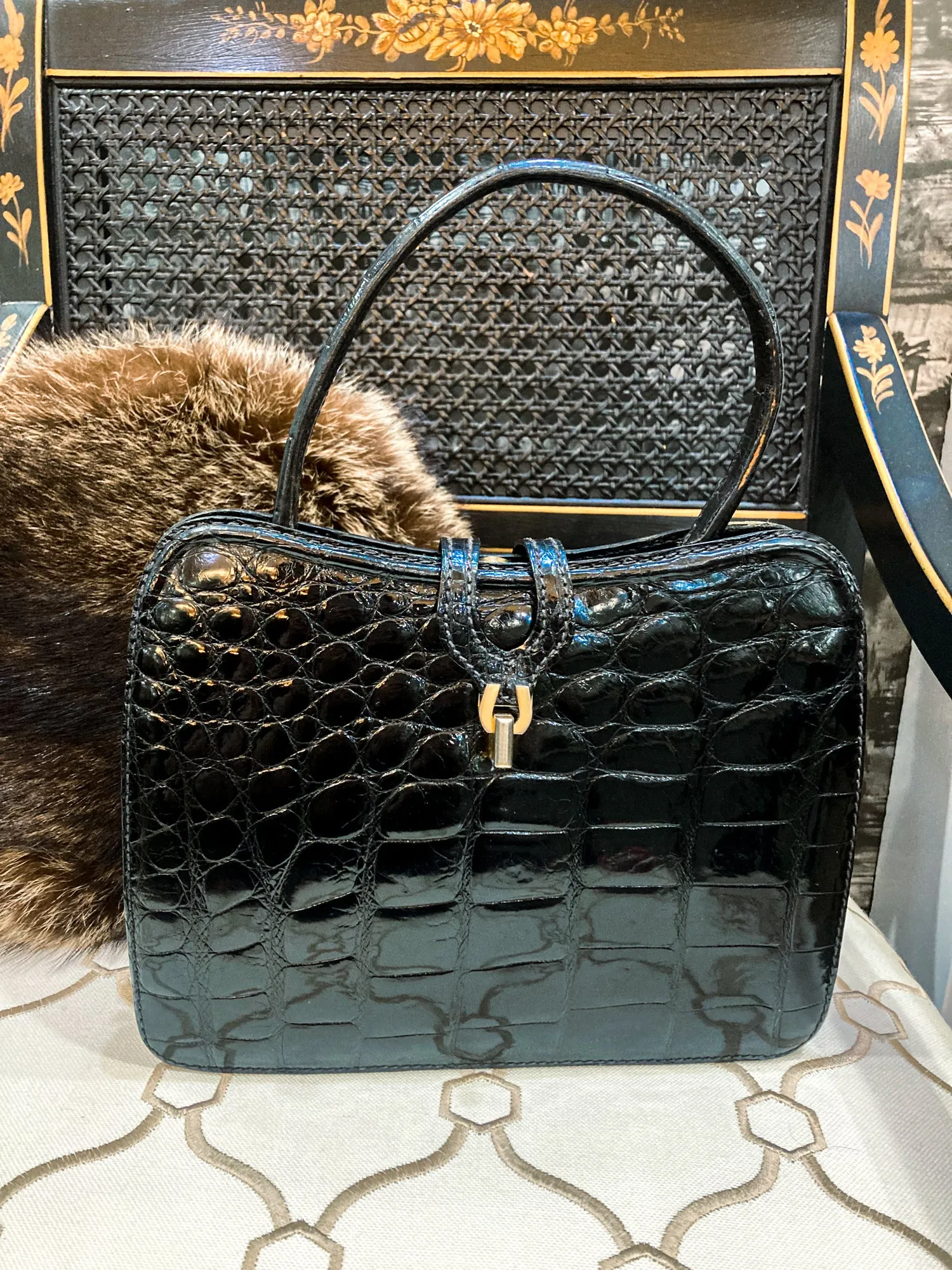 Vintage Black French Crocodile Patent Leather Classic Handbag Purse