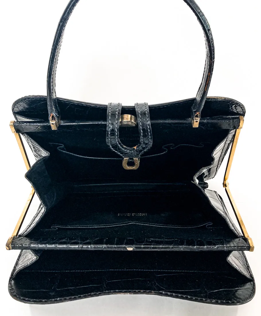 Vintage Black French Crocodile Patent Leather Classic Handbag Purse