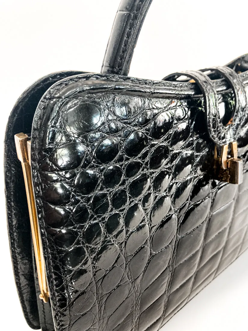 Vintage Black French Crocodile Patent Leather Classic Handbag Purse
