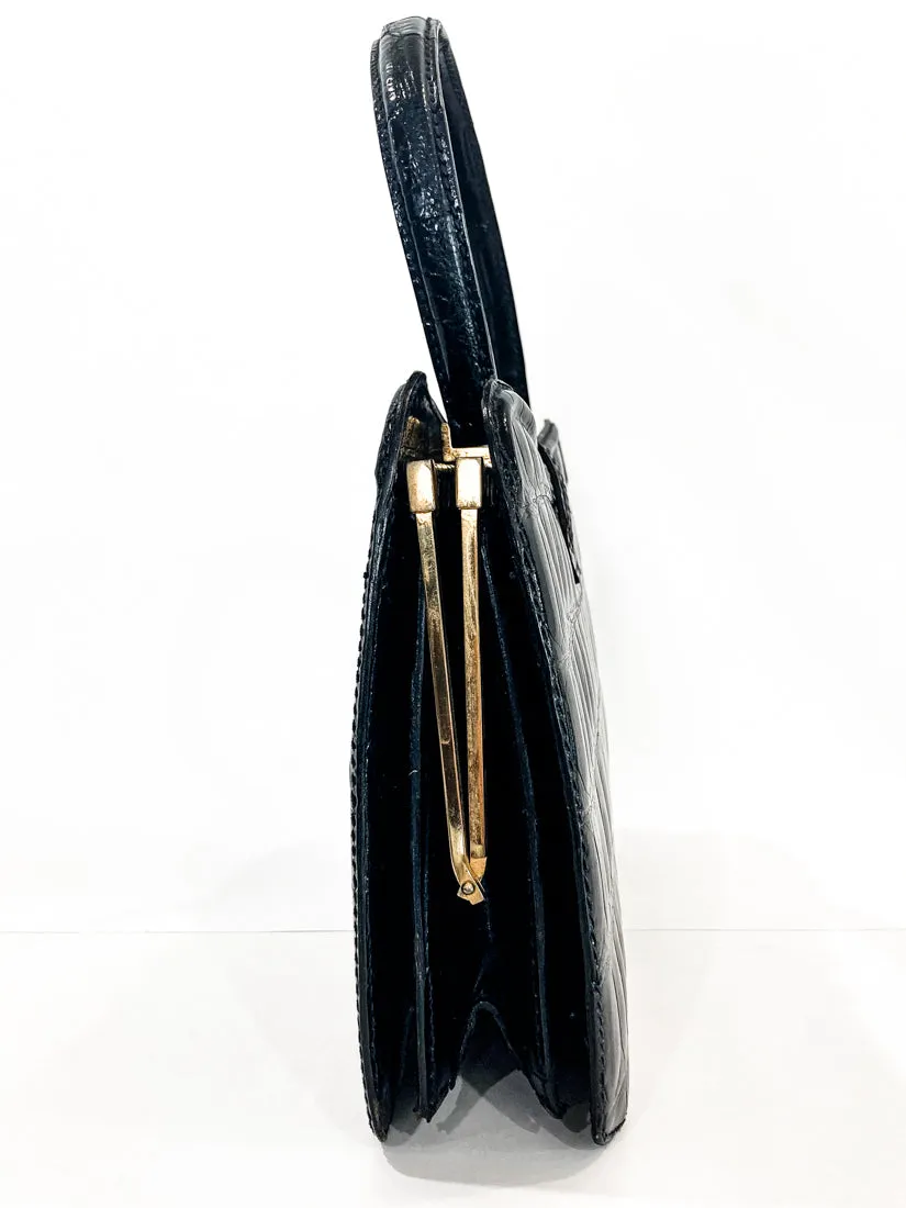 Vintage Black French Crocodile Patent Leather Classic Handbag Purse