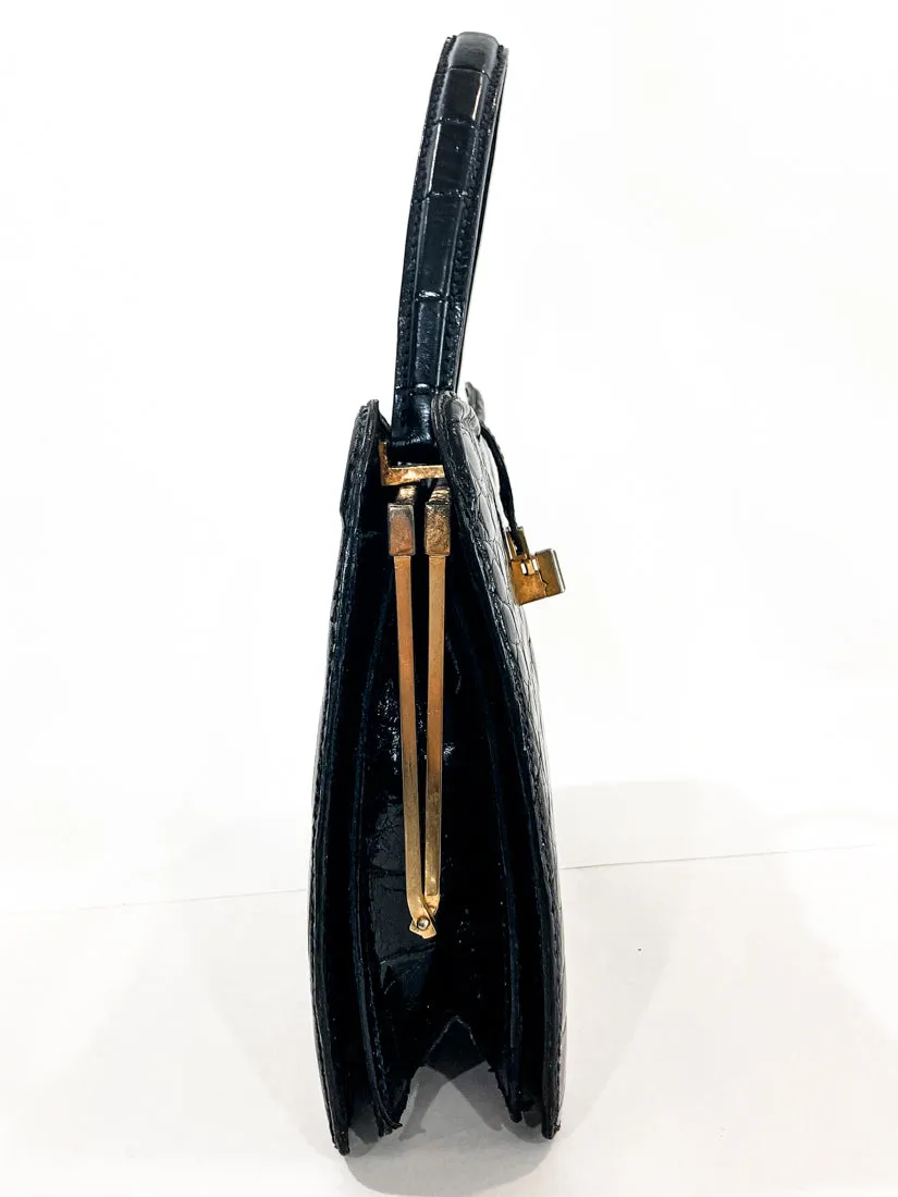 Vintage Black French Crocodile Patent Leather Classic Handbag Purse