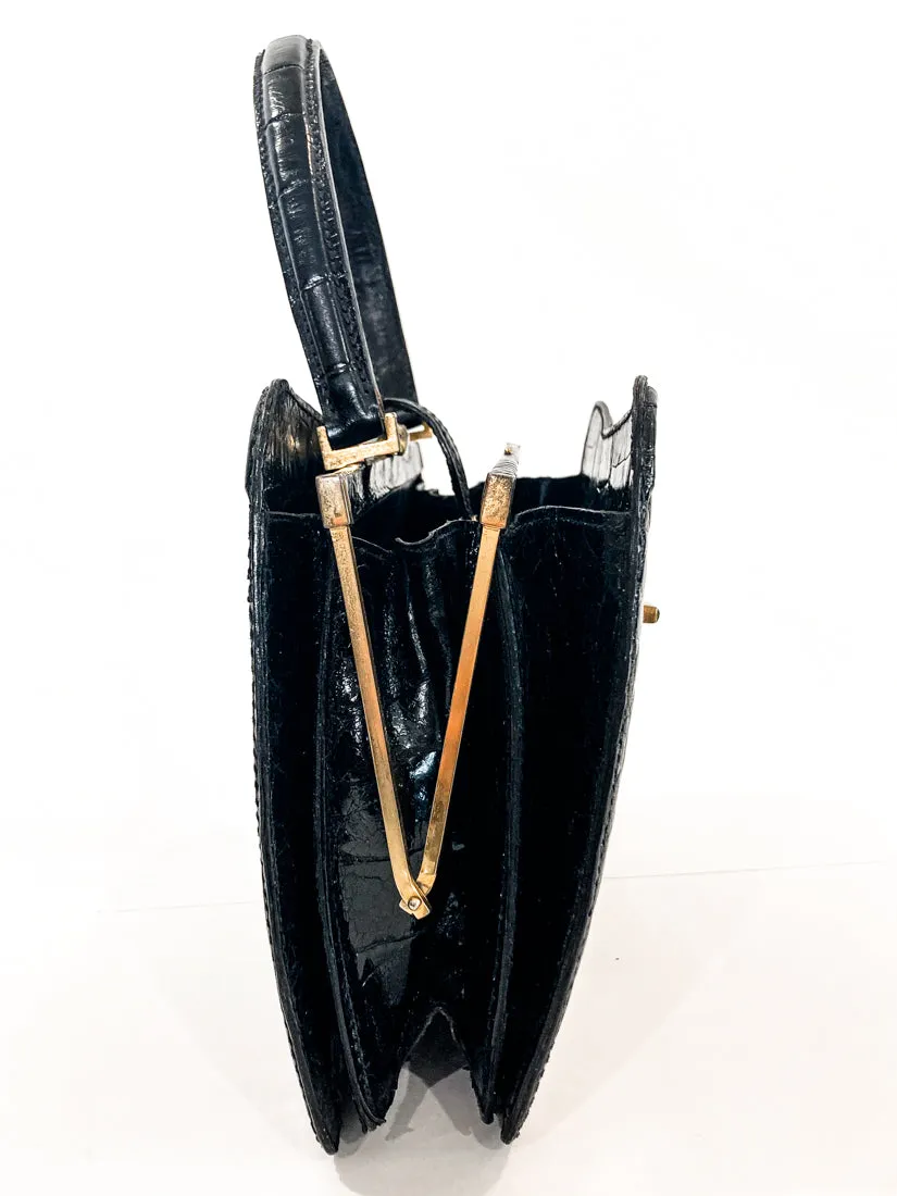 Vintage Black French Crocodile Patent Leather Classic Handbag Purse