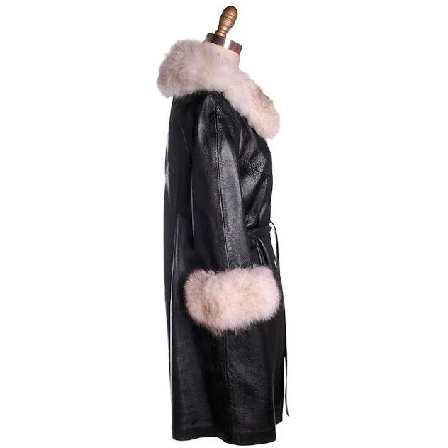 Vintage Black Leather Ladies Coat w White Fox Trim 1960s