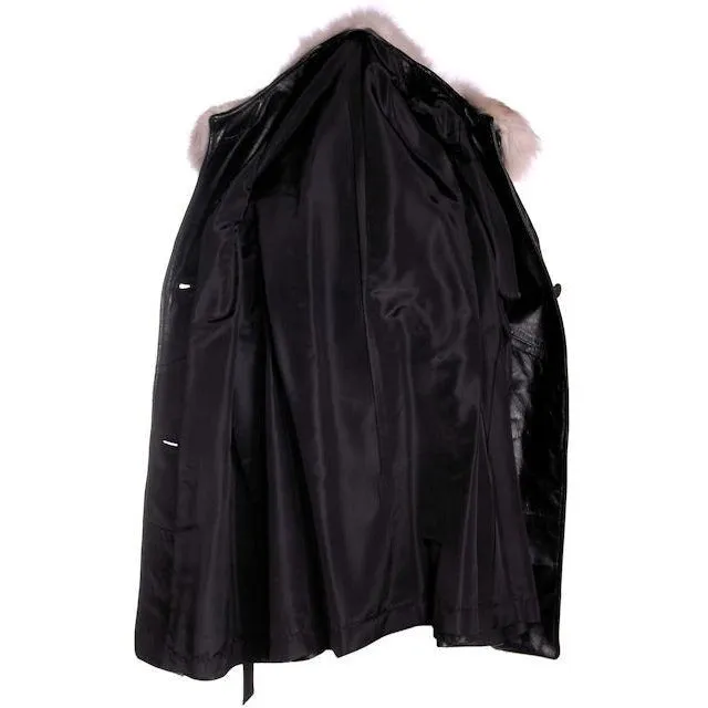 Vintage Black Leather Ladies Coat w White Fox Trim 1960s