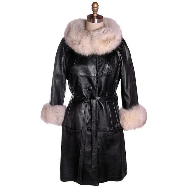 Vintage Black Leather Ladies Coat w White Fox Trim 1960s