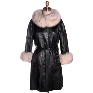 Vintage Black Leather Ladies Coat w White Fox Trim 1960s