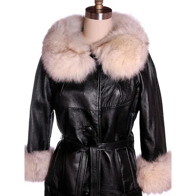 Vintage Black Leather Ladies Coat w White Fox Trim 1960s