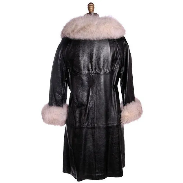 Vintage Black Leather Ladies Coat w White Fox Trim 1960s