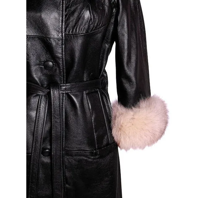 Vintage Black Leather Ladies Coat w White Fox Trim 1960s