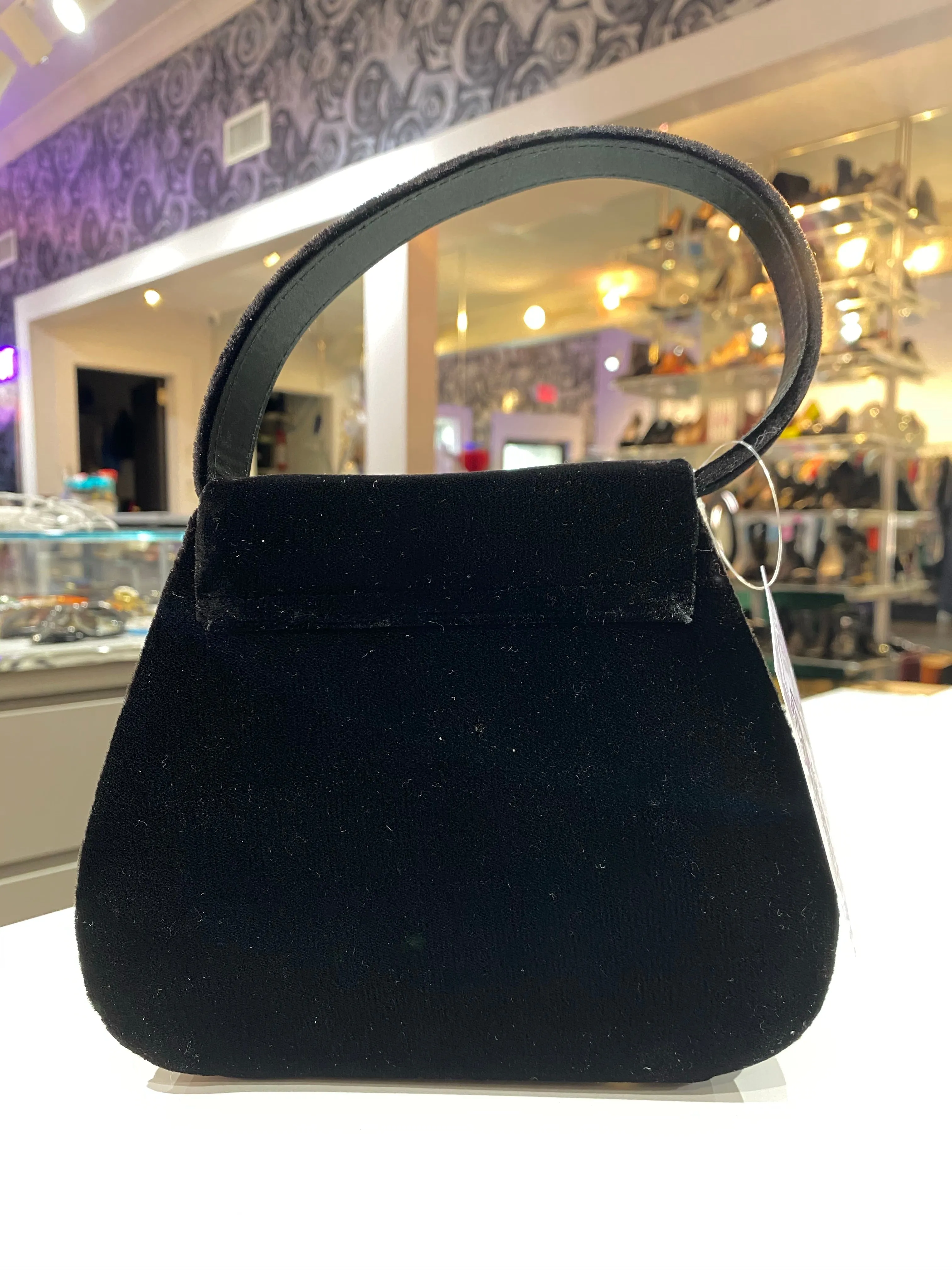 Vintage: Black Velvet and Satin Top Handle Purse with Ribbon Bow and Gold Studded Buckle