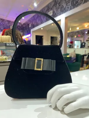 Vintage: Black Velvet and Satin Top Handle Purse with Ribbon Bow and Gold Studded Buckle