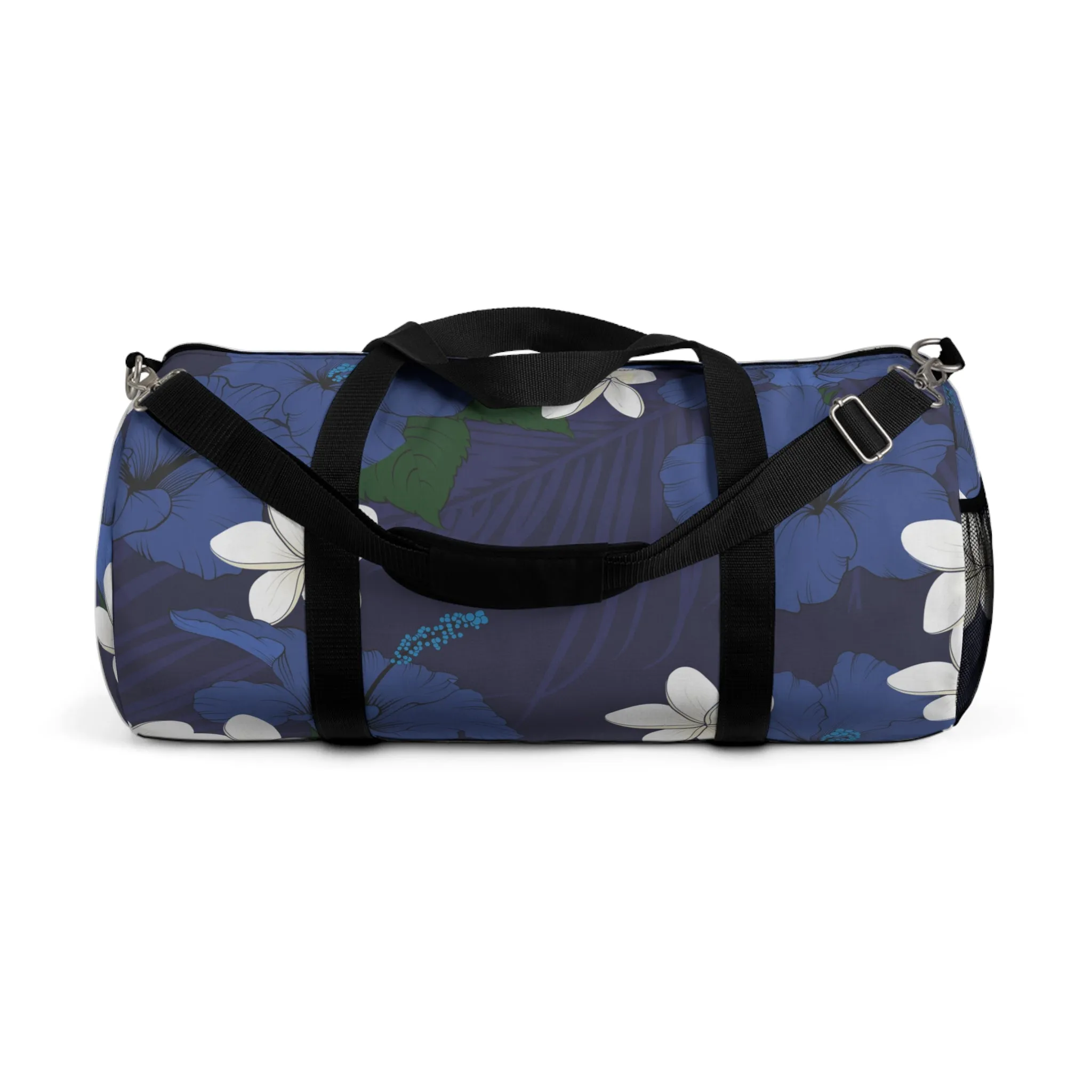 Vintage Blue Hibiscus Barrel Duffel Bag