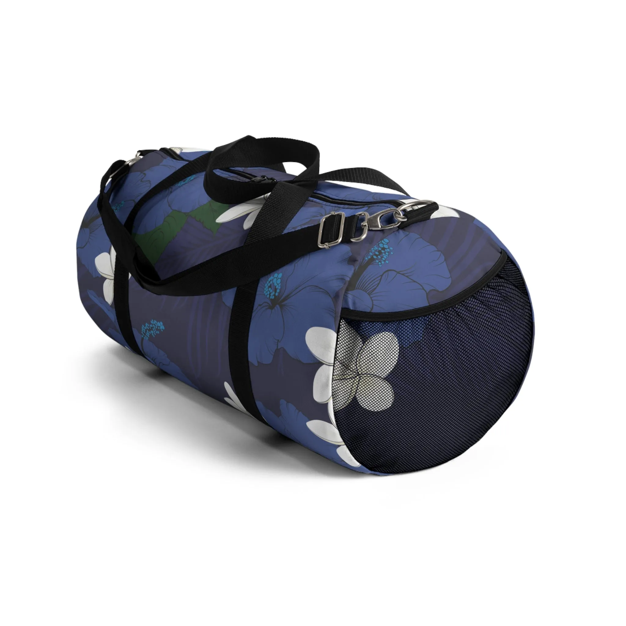 Vintage Blue Hibiscus Barrel Duffel Bag