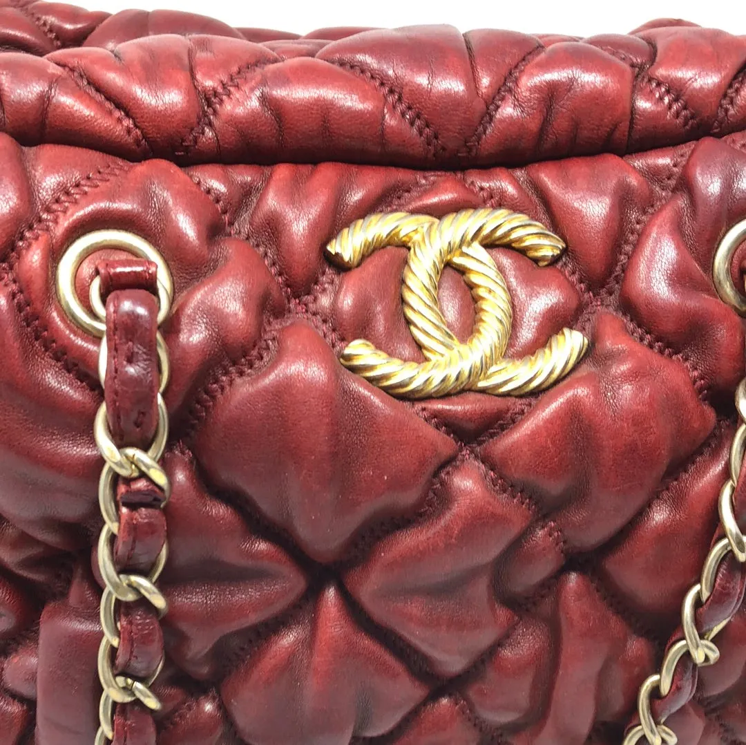 VINTAGE: Chanel Deep Red Leather Quilted double handle Bubble bag with gold textured CC