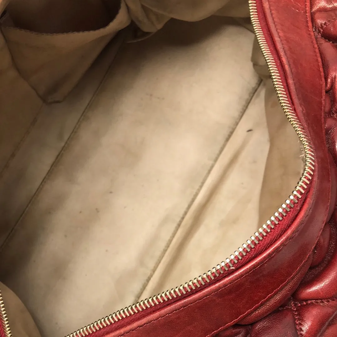 VINTAGE: Chanel Deep Red Leather Quilted double handle Bubble bag with gold textured CC