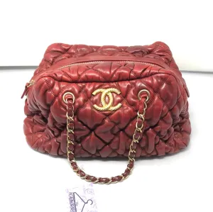 VINTAGE: Chanel Deep Red Leather Quilted double handle Bubble bag with gold textured CC