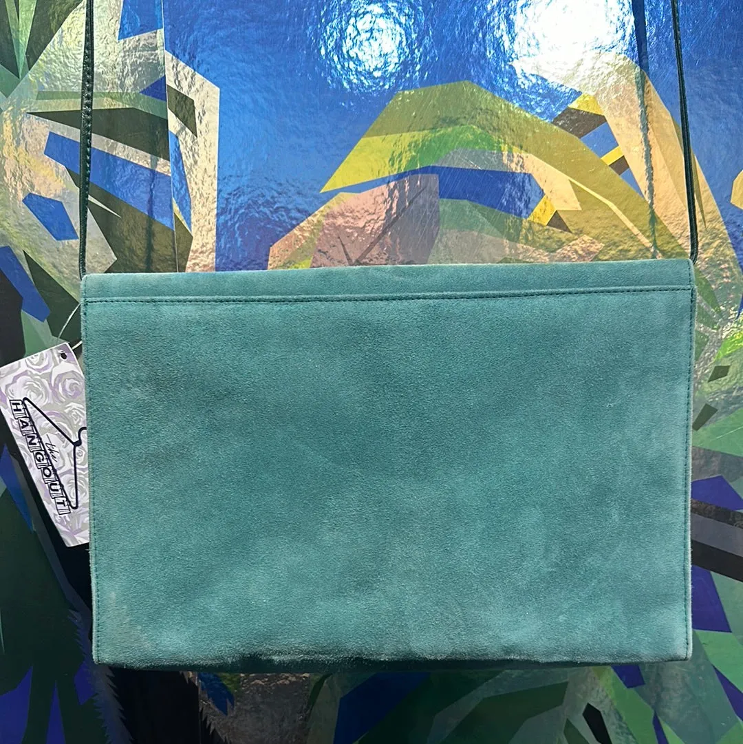 Vintage: Charles Jourdan Teal Suede Flap Bag with Leather Long Strap