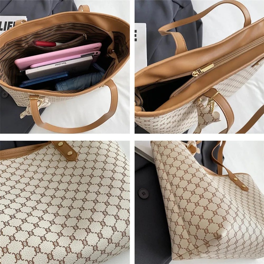 Vintage Large Print Tote Bags Trend Designer PU Leather Handbags Commuting Shoulder Bags