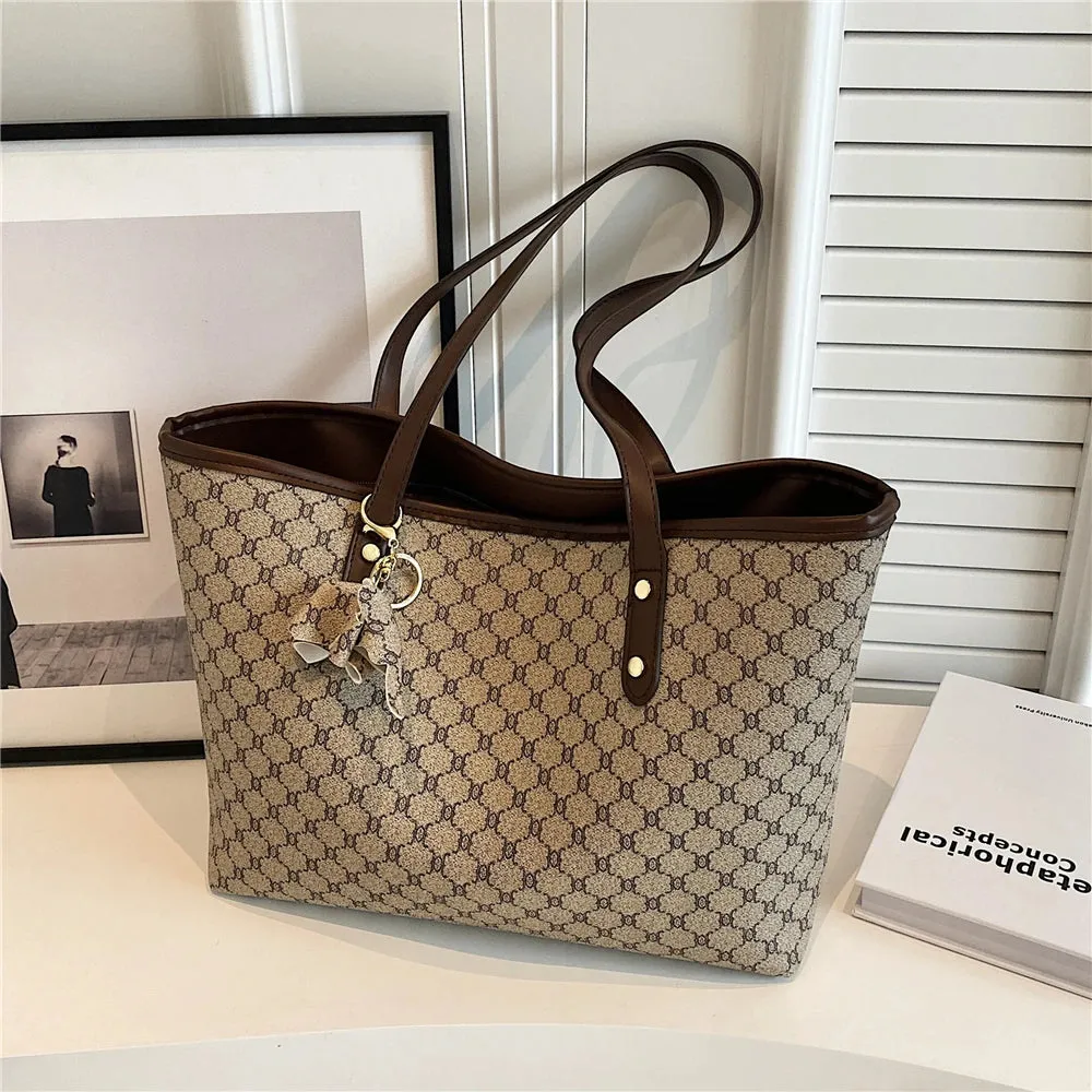 Vintage Large Print Tote Bags Trend Designer PU Leather Handbags Commuting Shoulder Bags