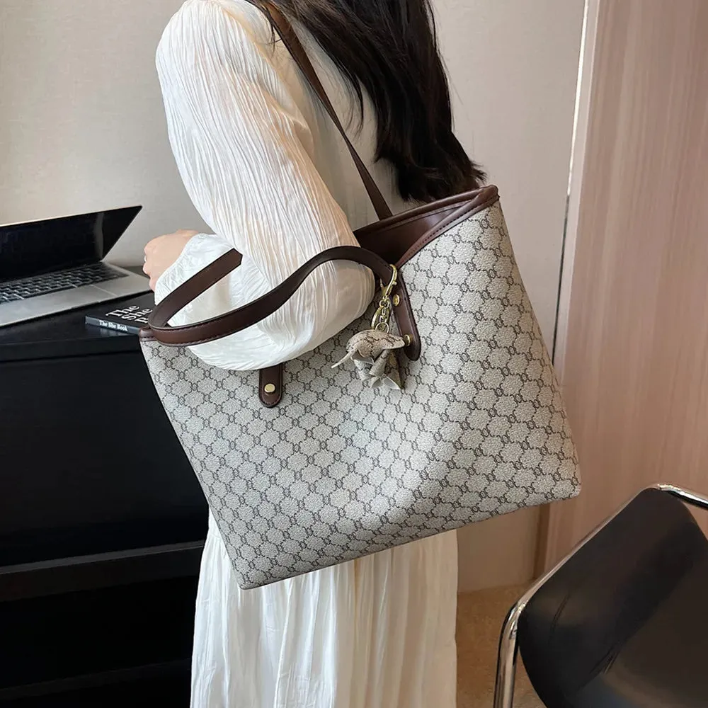 Vintage Large Print Tote Bags Trend Designer PU Leather Handbags Commuting Shoulder Bags