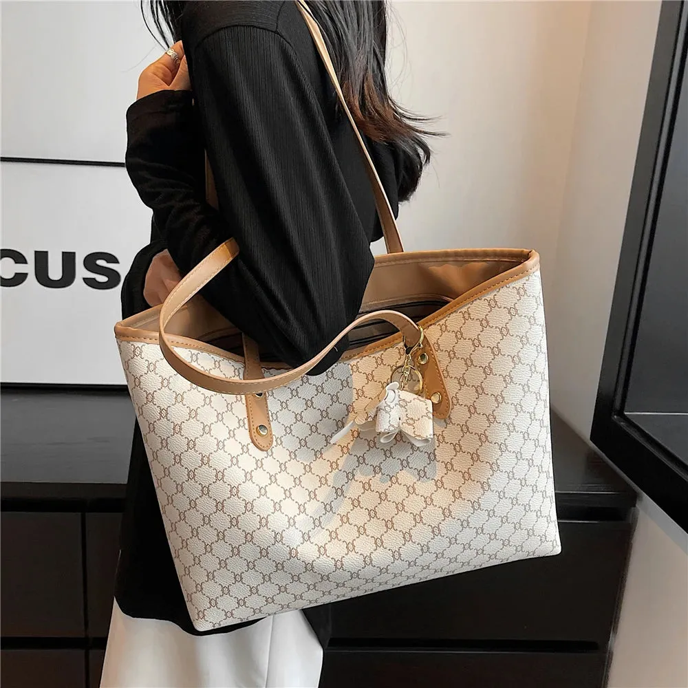 Vintage Large Print Tote Bags Trend Designer PU Leather Handbags Commuting Shoulder Bags
