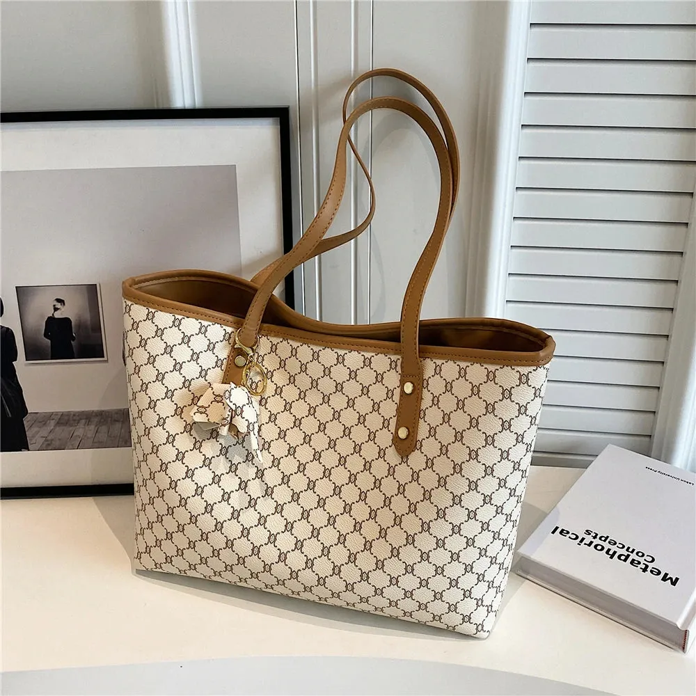 Vintage Large Print Tote Bags Trend Designer PU Leather Handbags Commuting Shoulder Bags