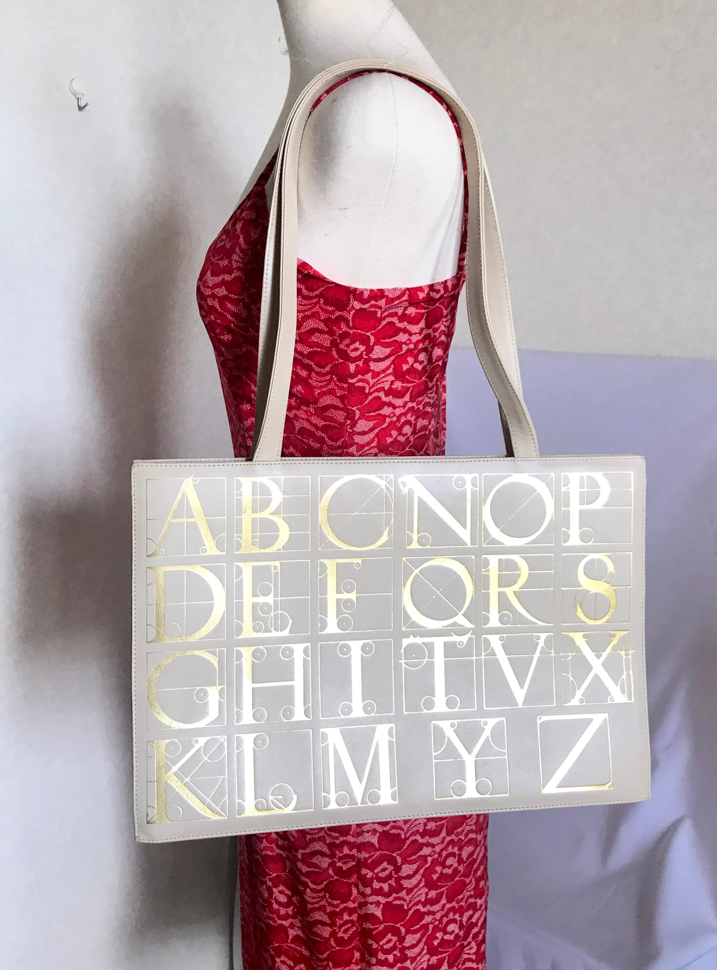 Vintage Paloma Picasso ivory beige leather large shoulder bag, tote bag with golden alphabet, letter print. Must have daily purse. 050425r3