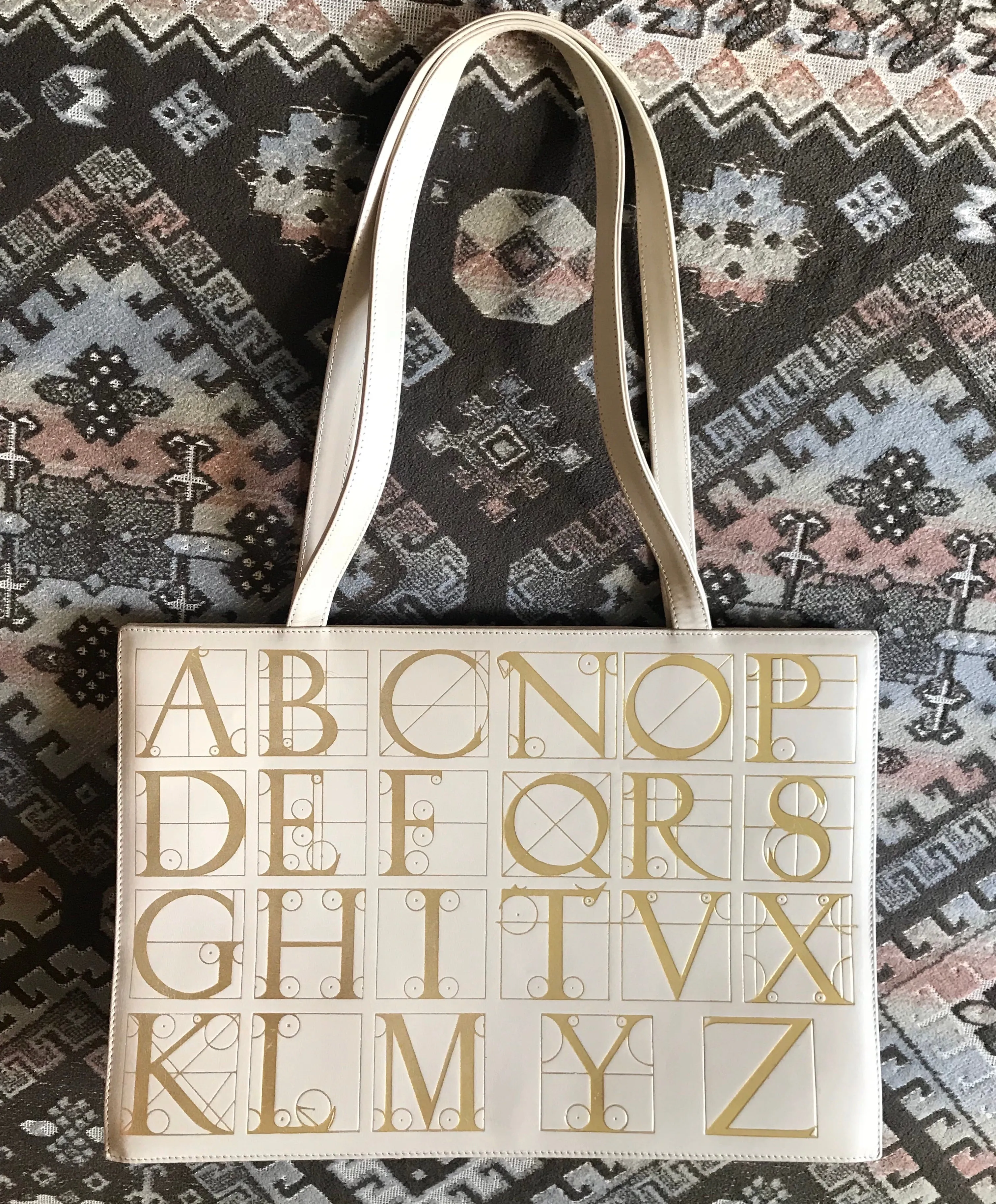 Vintage Paloma Picasso ivory beige leather large shoulder bag, tote bag with golden alphabet, letter print. Must have daily purse. 050425r3