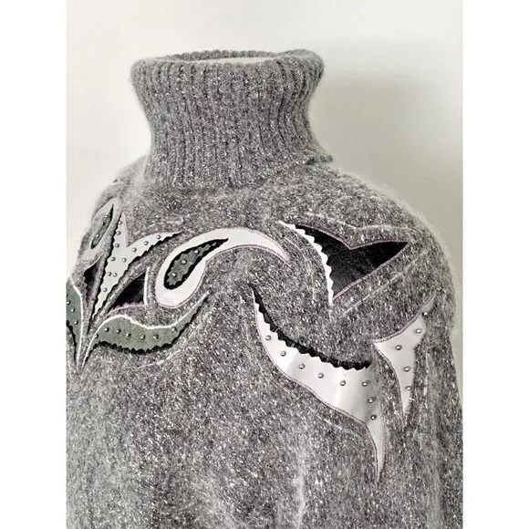 Vintage Turtleneck Sweater Silk Angora Lambswool M Gray Embroidered Beaded