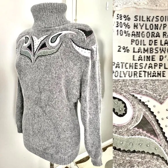 Vintage Turtleneck Sweater Silk Angora Lambswool M Gray Embroidered Beaded