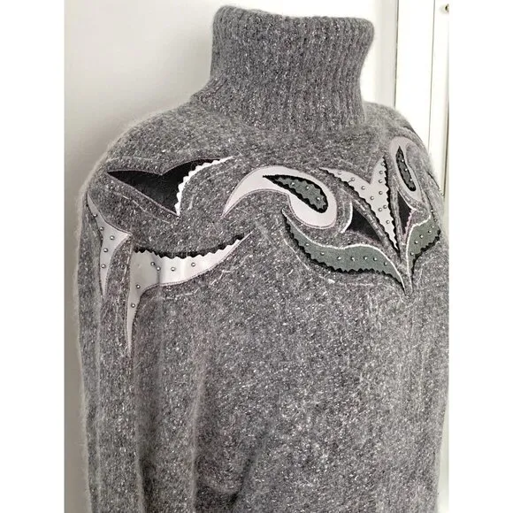 Vintage Turtleneck Sweater Silk Angora Lambswool M Gray Embroidered Beaded