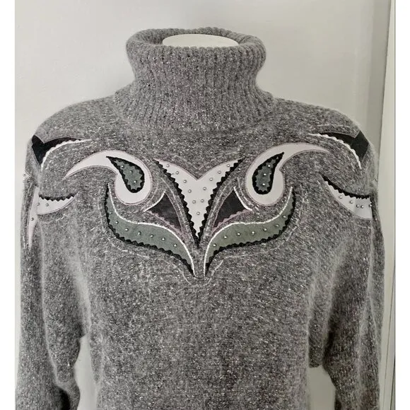 Vintage Turtleneck Sweater Silk Angora Lambswool M Gray Embroidered Beaded