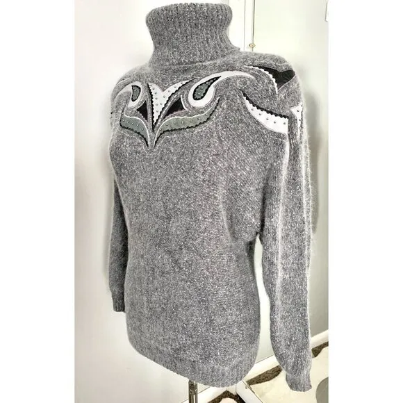 Vintage Turtleneck Sweater Silk Angora Lambswool M Gray Embroidered Beaded