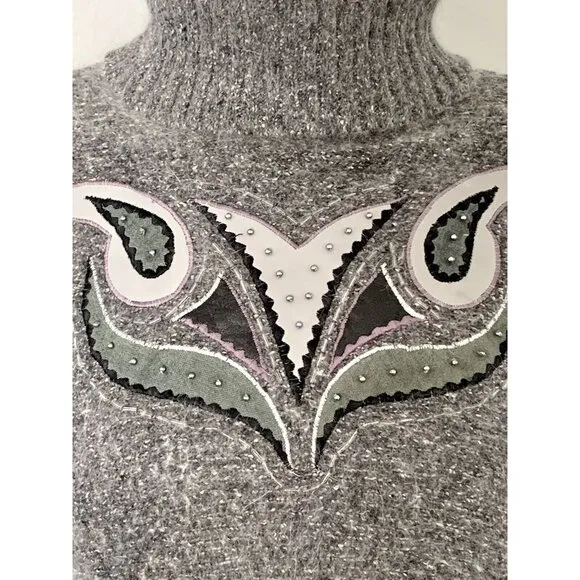 Vintage Turtleneck Sweater Silk Angora Lambswool M Gray Embroidered Beaded