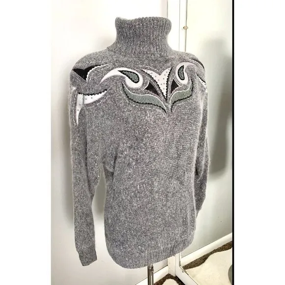 Vintage Turtleneck Sweater Silk Angora Lambswool M Gray Embroidered Beaded